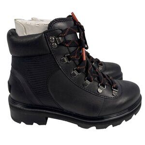 Sorel Womens Lennox Hiker STKD Waterproof Black Leather Boot Warp Red Size 7
